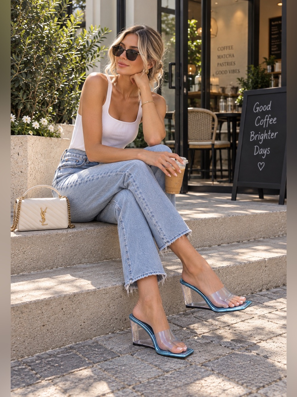 Good American | Cinderella Wedge Mule Sandals — Blue/Light Blue